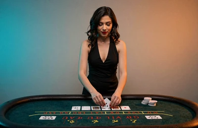 Live-Blackjack-Dealerin an einem neonbeleuchteten HD-Tisch im Betsson Live Casino