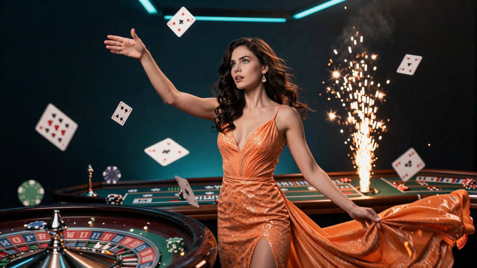 Model im schimmernden orangefarbenen Kleid f&auml;ngt fliegende Karten mit Chips und Roulette - Betsson Casino Bonus und Freispiele
